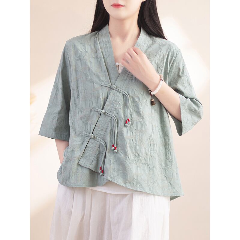 [Qing series] ★China style tops★ Shirt 3color cotton linen V neck literary style blue green beige