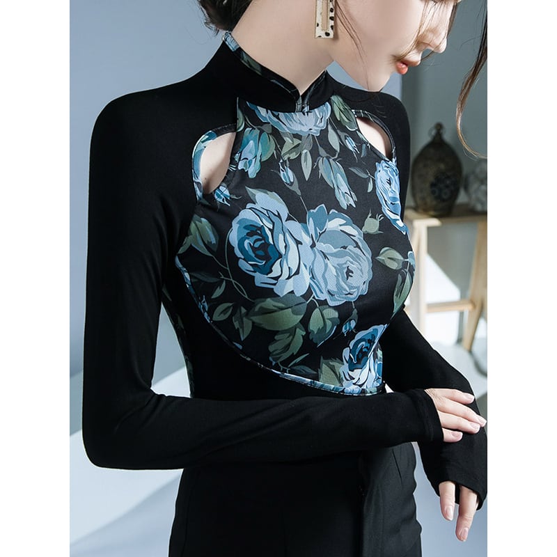 [ZHUOYAN Series]★China style top★ T-shirt, switching, floral pattern, long sleeve, sexy, slim, slimming, easy to match