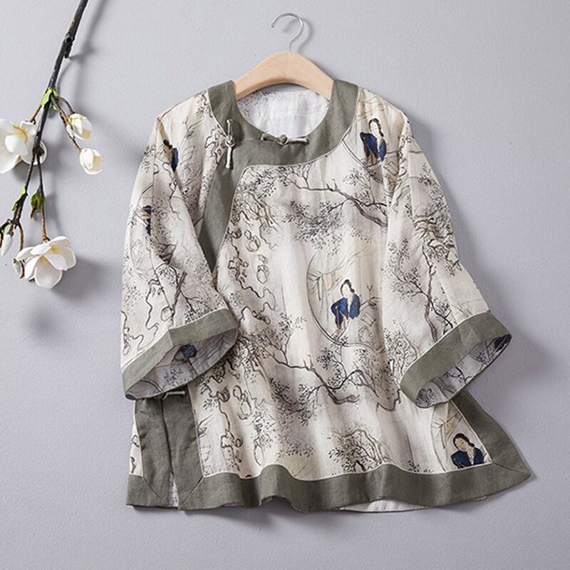 [Mingsho Series]★China style tops★ Shirt Improves temperament Improved Tang suit Loose print Retro Summer clothes