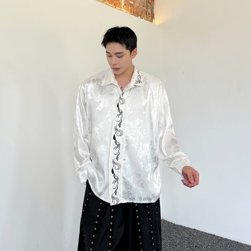 [Illustrated series] ★China style shirt★ Embroidery 2color tops long sleeve shirt unisex men's loose fit black white