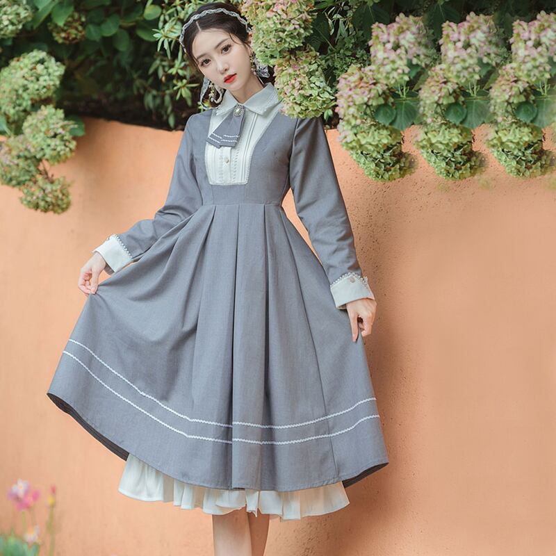 [Tatsuko Chenis Series] ★One Piece★ 2color Women's Autumn Clothes Commuting Date Retro Fake Layered Gray Brown