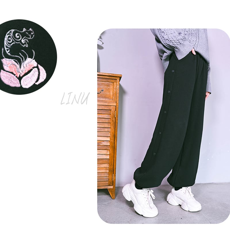 [Kokaisha --- Taiko series]★Casual pants★Bottoms Pants Fleece lining Raccoon Thick Warm Black Black SML XL