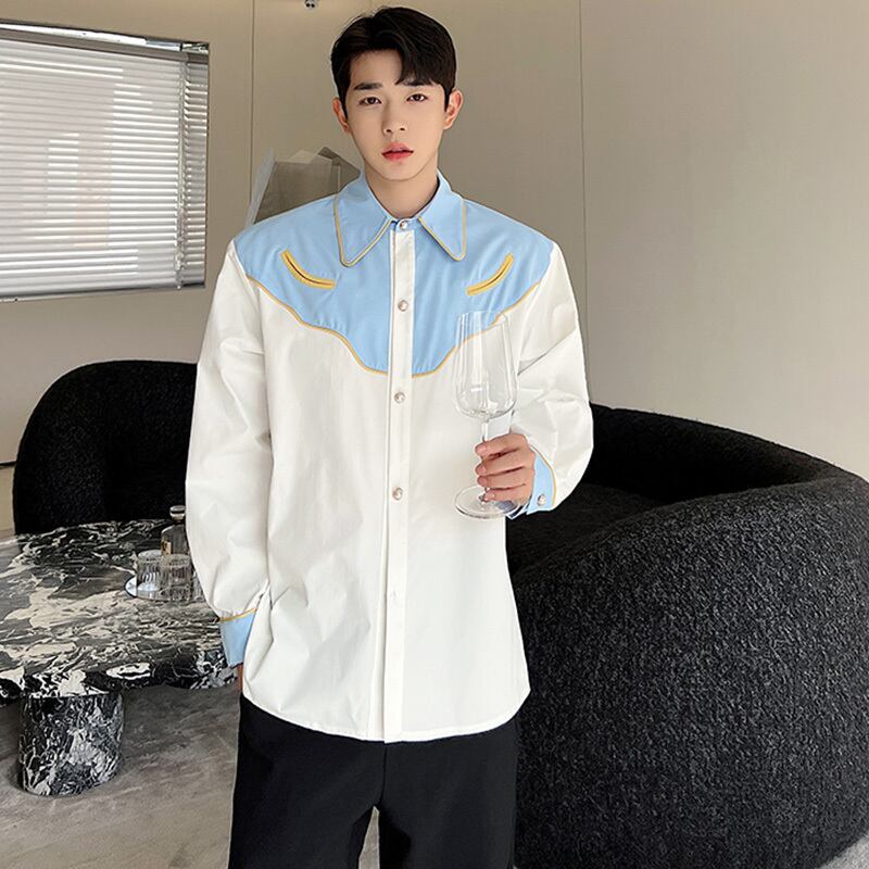 [Illustrated Series]★Shirt★Tops Unisex Men's Spring Clothes Long Sleeve Shirt Switching Casual Color Scheme Blue White