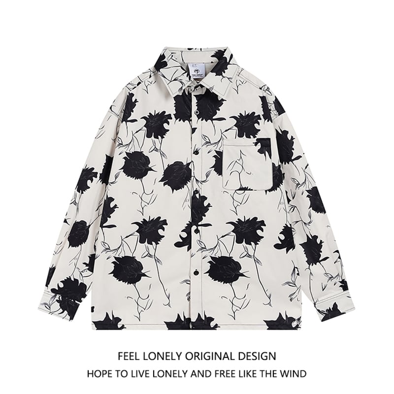 [Feel lonely series] ★Long sleeve shirt★ 2color tops floral pattern shirt unisex men's black white