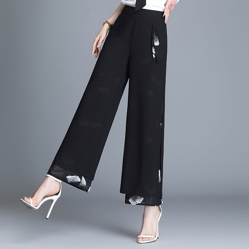 [Aooka Series]★Gaucho Pants★ Chiffon Women's Fashion Slit Easy to Match Black Black