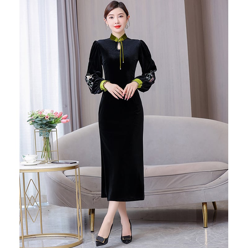 [Agoya Yui Series] ★Cheongsam dress★ Chinese style piece velvet black black long length