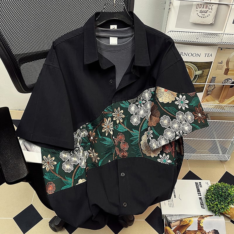 [High Series] ★Chinese-style shirt★ 2 colors, black or white, short sleeves, summer, embroidery, floral pattern, unisex, large size