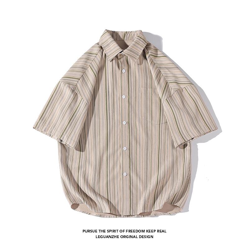 [BIGEMAN Series] ★Short sleeve shirt★ Tops 2color Unisex Men's Large size Summer clothes Vertical stripes Striped pattern