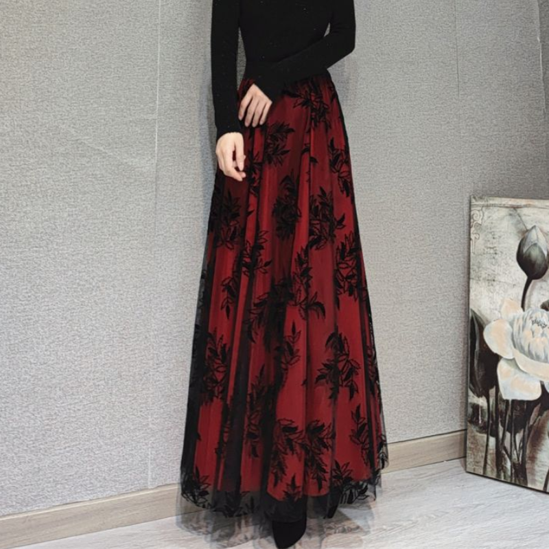 [HUANXIAOMO series] ★Floral pattern skirt★ 3 colors, 3 lengths available, large size, red, black