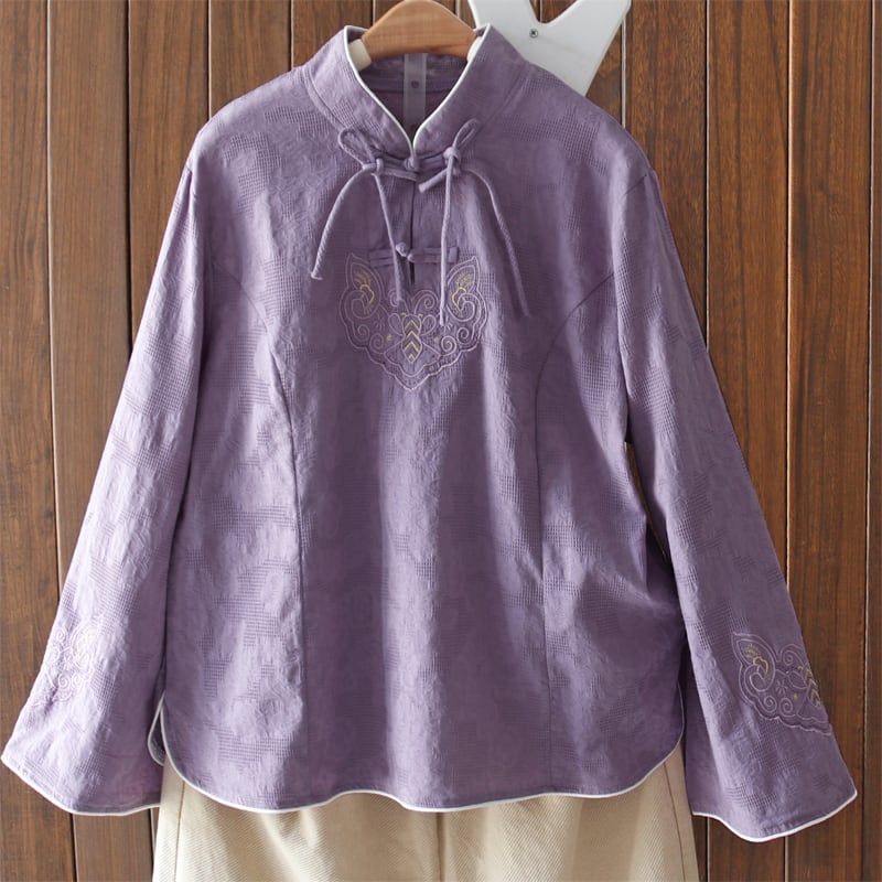 [Qing series]★China style tops★ 3color embroidery long sleeve shirt Improves temperament Blue Pink Purple