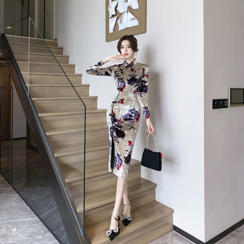 [Hundred Minute Eight Series] ★Cheongsam dress★ Velvet, floral pattern, slimming, sexy, ink pattern dress, improves temperament