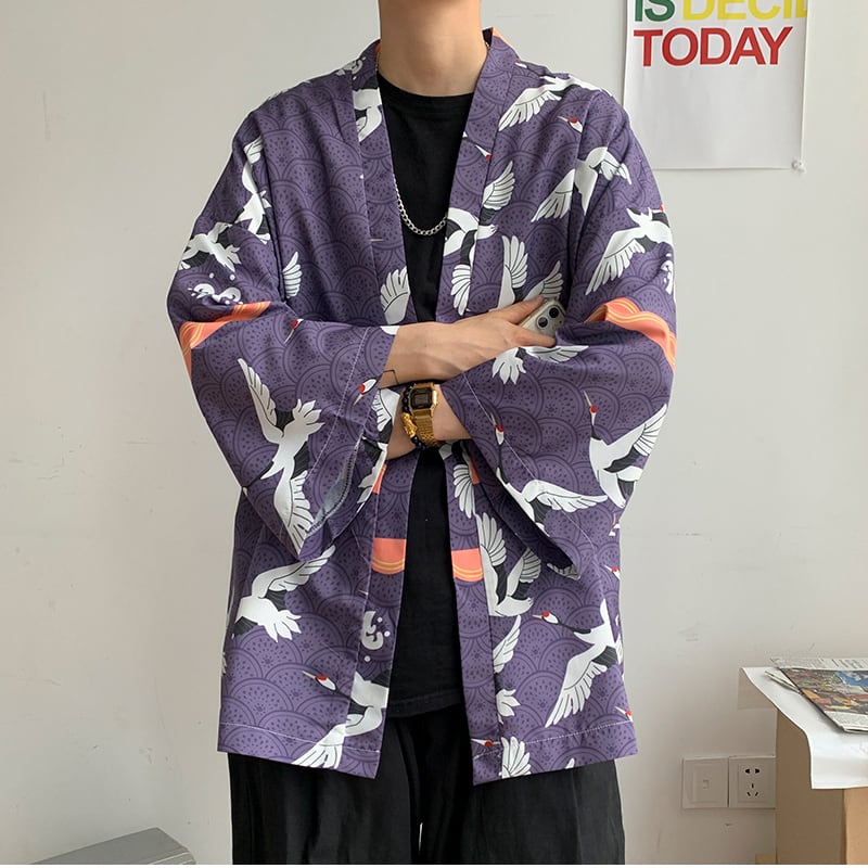 [PINZHI Series]★Happi coat★ 2color Thin Crane Unisex Men's Print Large Size Yellow Cool Fireworks Festival Festival