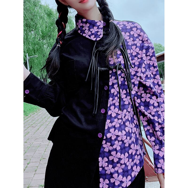 [Li Muyi Series]★China Style Shirt★ Tops Long Sleeve Shirt Switching Floral Pattern Black Black Purple Original