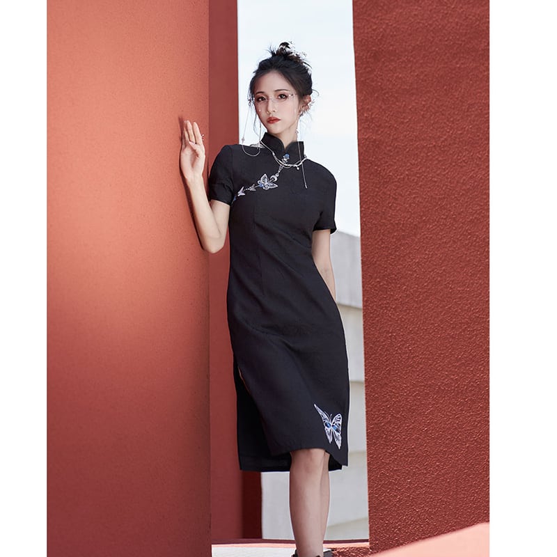 [Qingtang --- Skeleton Butterfly Series] ★Cheongsam dress★ Chinese style dress embroidery short sleeve slimming Chinese clothes butterfly