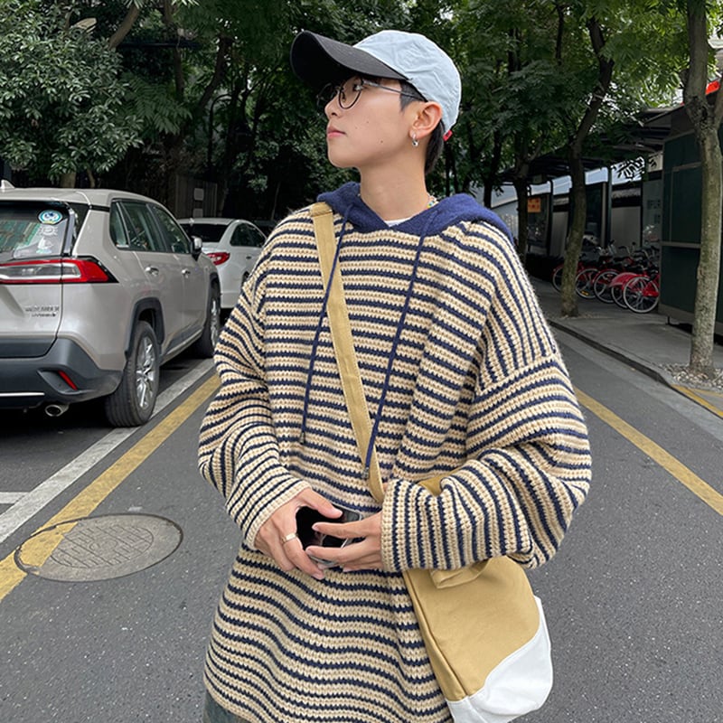 [NANSHI Series]★Sweater★ 2color Knit Parka Tops Unisex Men's Horizontal Stripes Striped Pattern Black Blue