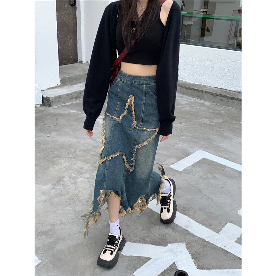 [OURI Series]★Denim Skirt★ Long Skirt Bottoms Large Size Star Star Fashionable Wear