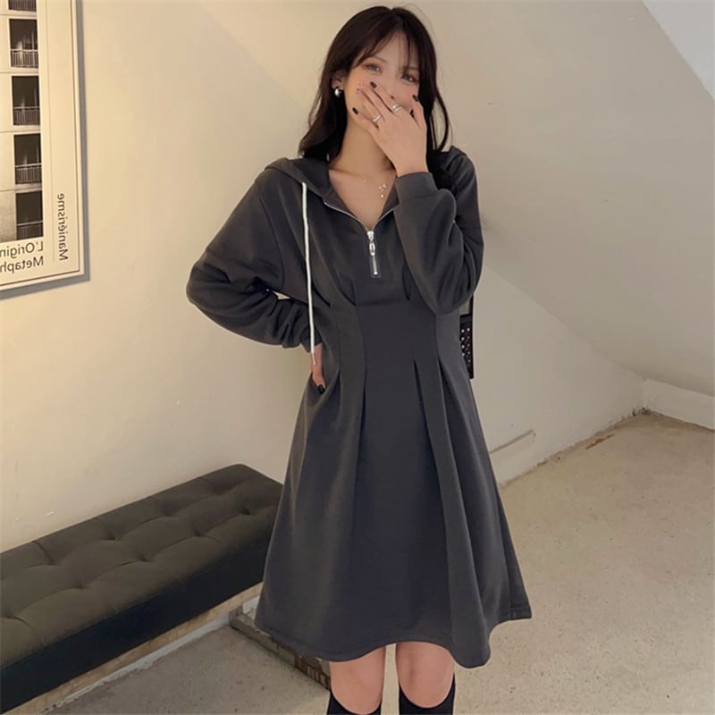 [XIAOCAI Series] ★One Piece★ Parka Dress, Slimming, Large Size, Fashion, Gray, Gray