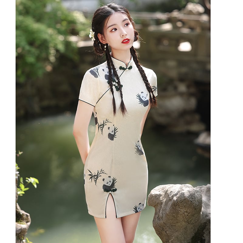 [Daughter fish series]★Cheongsam dress★Short length Chinese style dress Panda cute slimming wear