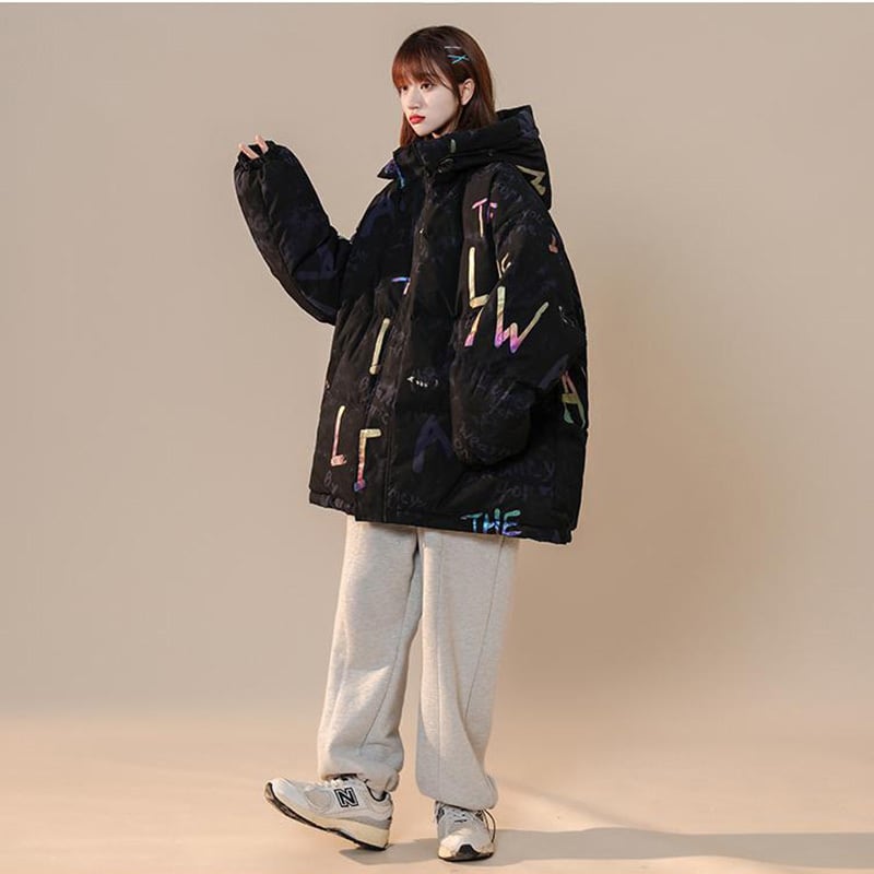 [Ushiomiomi Series] ★Winter Coat★ Cotton Coat Outerwear 2color Unisex Men's Graffiti Alphabet Black