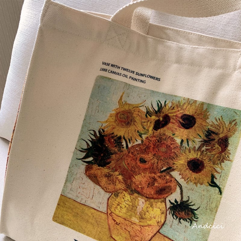 [Andcici Series] ★Bag★ Large capacity oil painting style sunflower sunflower beige commuting casual date yellow yellow