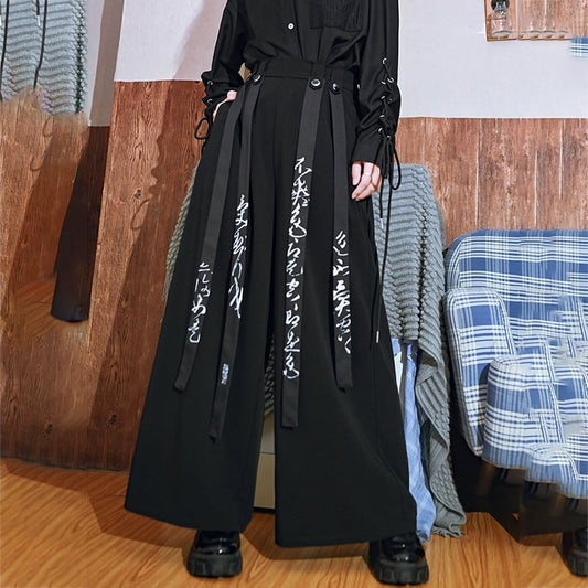 [Old Monster --- Preface Series] ★China style trousers★ Bottoms Spring/Autumn type Gaucho pants Text pattern Black Black