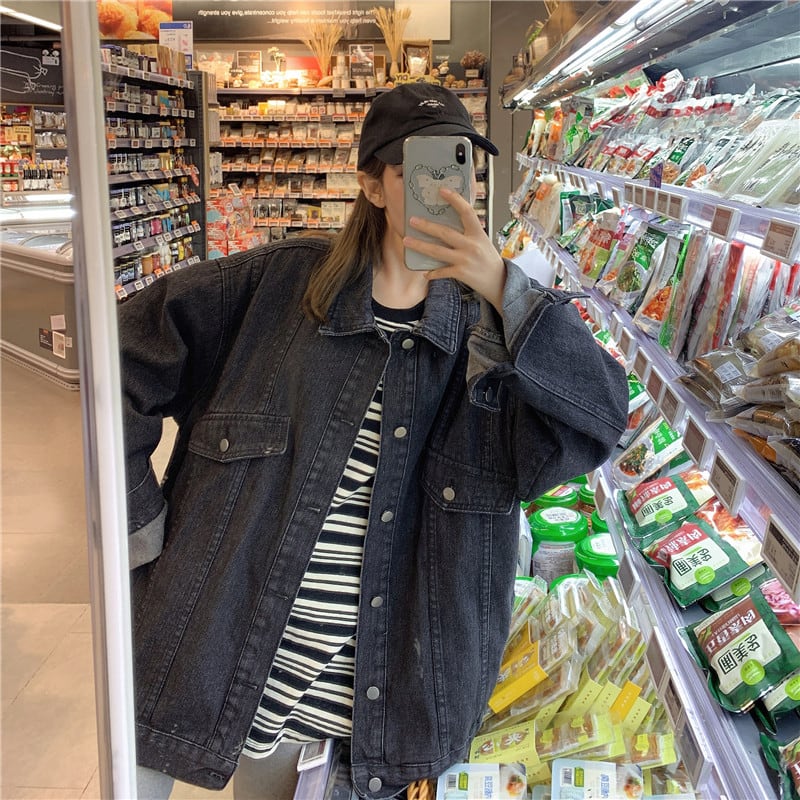 [SZJ Series]★Denim Jacket★ 2color Blue or Black Outerwear Jeans Loose Date Commuting