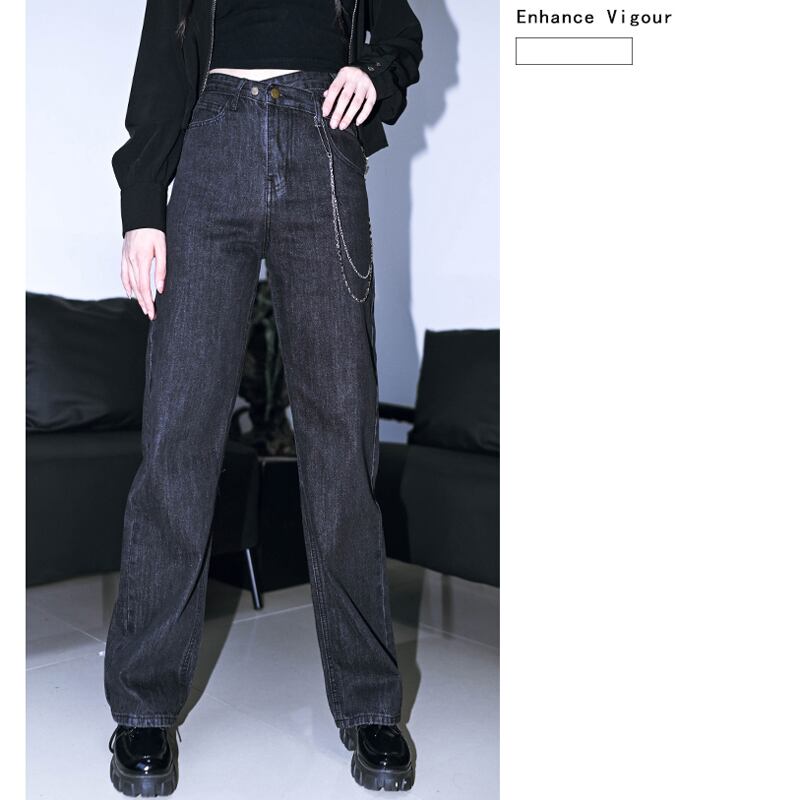 [Kokaisha---Tide Law Series] ★Denim pants with chain★ 2color bottoms slimming black gray blue SML XL