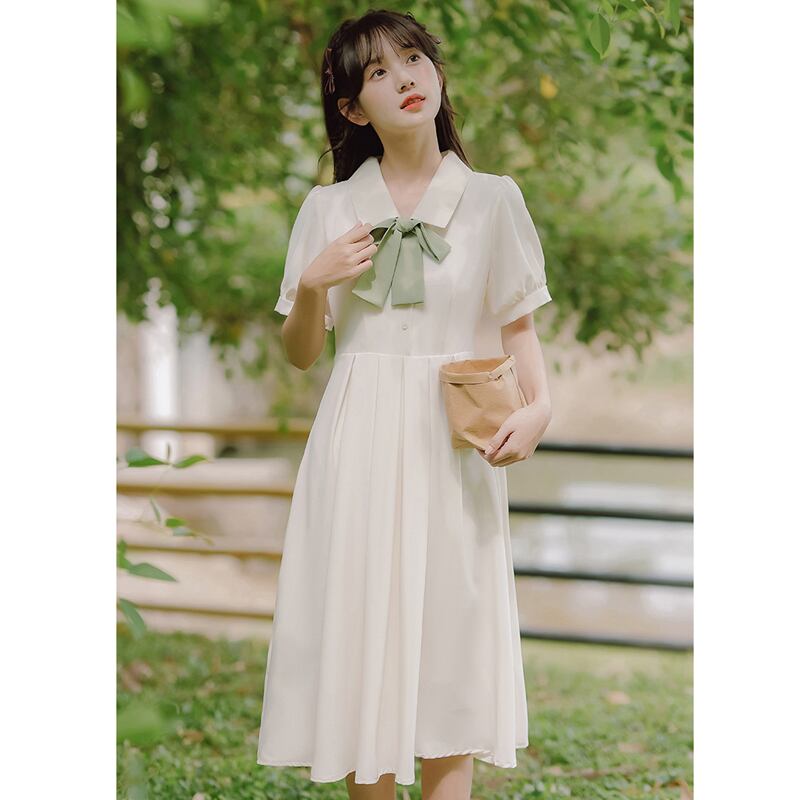 [Han Xuanwei Series] ★One Piece★ 2color Simple Cute Date Ribbon Beige Easy to Match Short Sleeve Dress