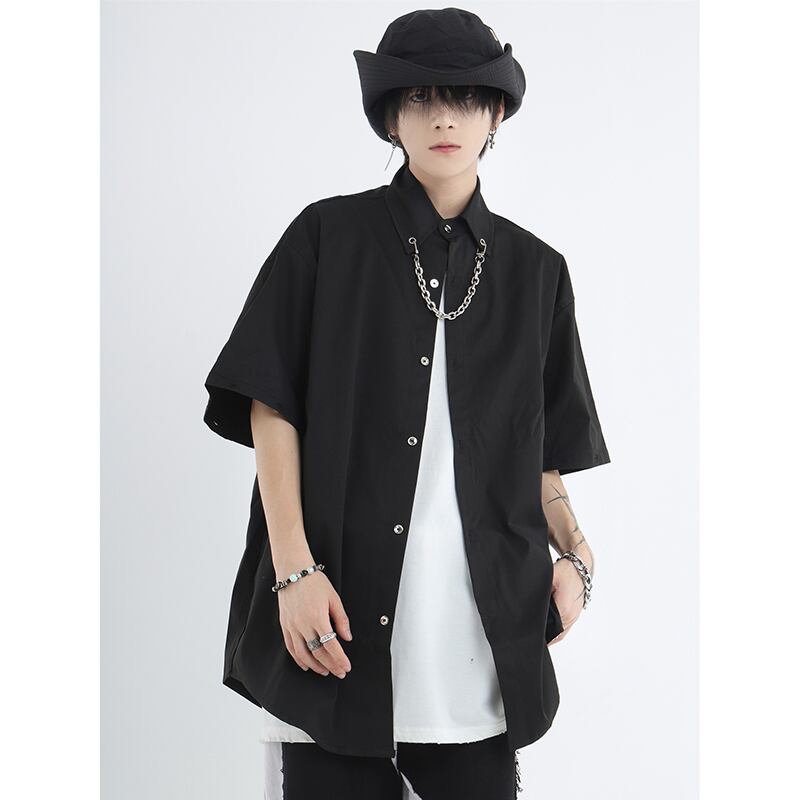 [Istudios Series]★Shirt with chain★ 2color tops long sleeve shirt short sleeve shirt unisex men's black green