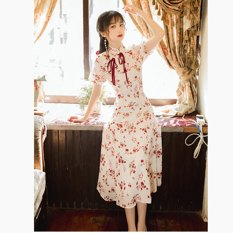 [Hanasha Castle Series] ★China style dress★ Floral pattern, retro, improves temperament, long length, SML, short sleeves, summer, festivals