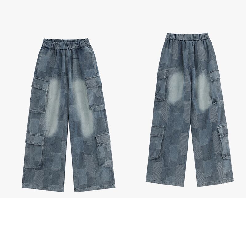 [Studios Series]★Denim Pants★ Bottoms Unisex Men's Trousers Plaid Pattern Elastic Waist Retro