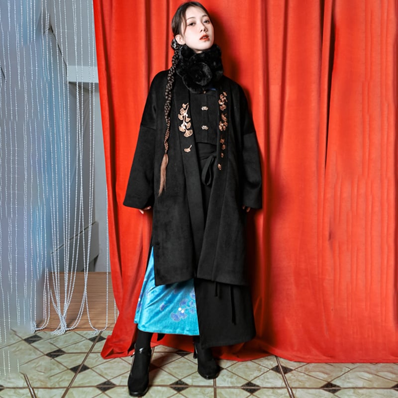 [Kokaisha --- Leaf Series] ★China style coat★ 2color embroidery outerwear long length Hanfu coat black gray