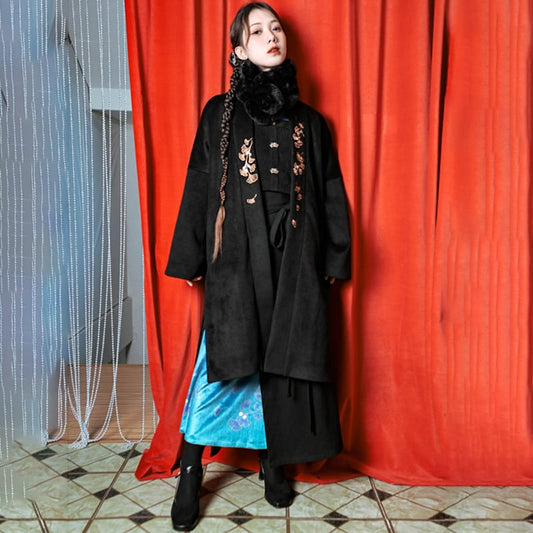 [Kokaisha --- Leaf Series] ★China style coat★ 2color embroidery outerwear long length Hanfu coat black gray