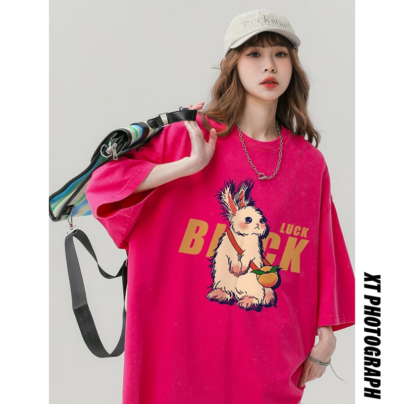 【YOUHANシリーズ】★Tシャツ★ 4color トップス 男女兼用 メンズ 半袖トップス レトロ ゆったり 兎 ウサギ