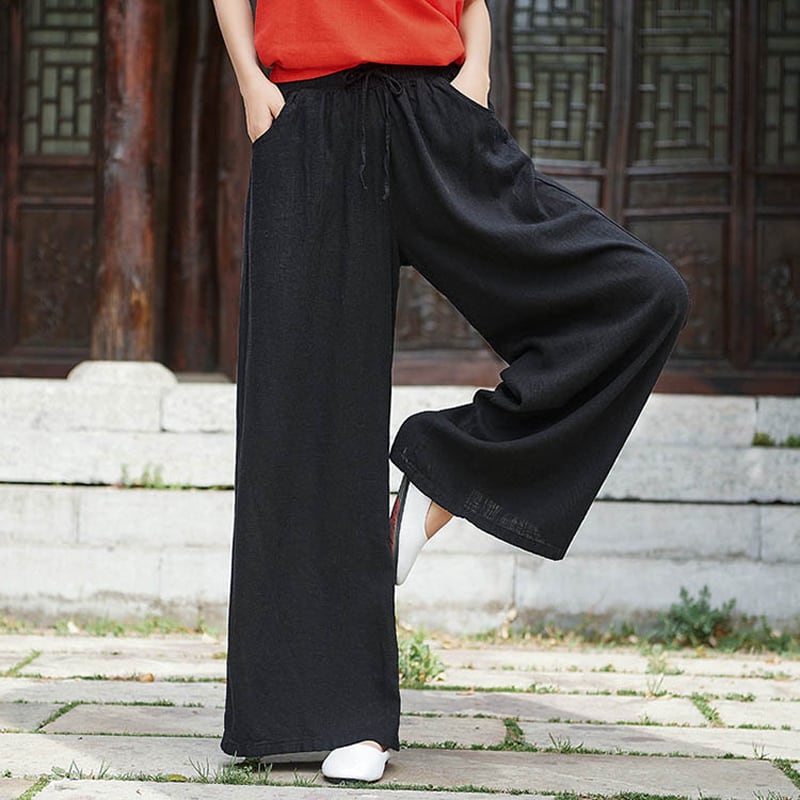 3color Chinese Style Gaucho Pants Wind Pants Bottoms Long Length High Waist Elastic Waist