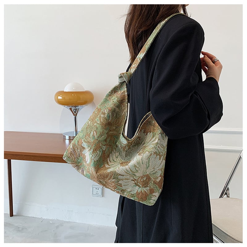 [Ako series] ★Oil painting style bag★ 3color tote bag Floral pattern Blue Green Black Easy to match