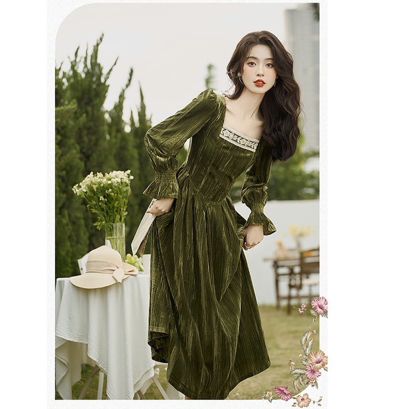 [Kasa Castle Series] ★One Piece★ Velvet Retro Green Green SML XL Party Wedding Date