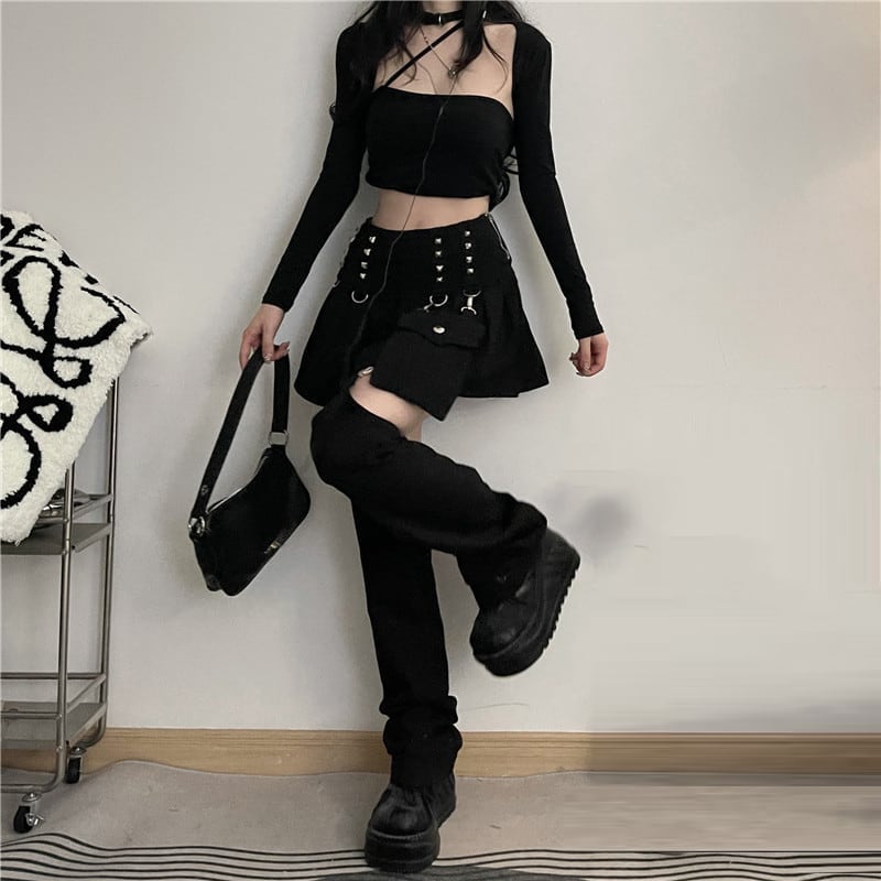 [Style Series] ★Skirt + Pants Tube★ Bottoms Unique Black Black Fashion Slimming SML XL