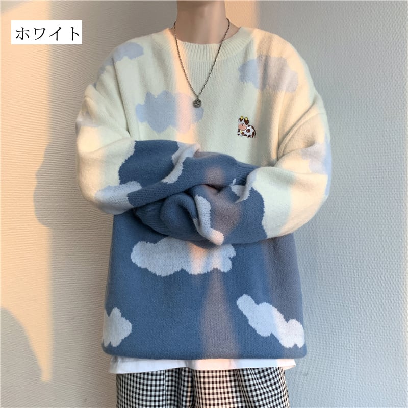 [Tokimi Series] ★Sweater★ 2color Knit Tops Unisex Men's Cloud Cow Blue Blue Color Scheme Cute