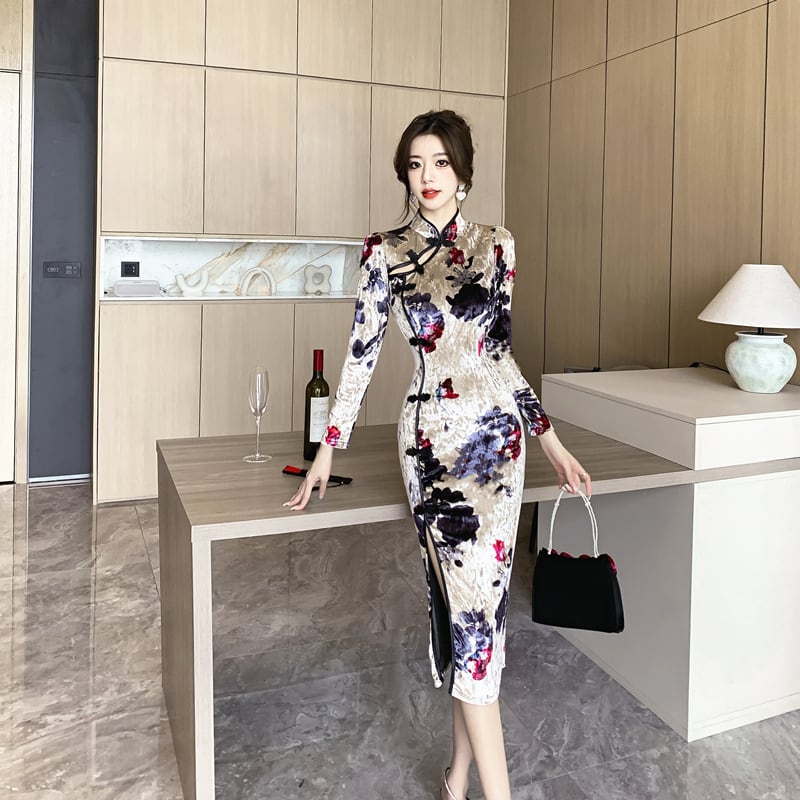 [Hundred Minute Eight Series] ★Cheongsam dress★ Velvet, floral pattern, slimming, sexy, ink pattern dress, improves temperament