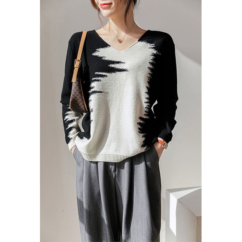 [Denkiran series] ★Knit tops★ Sweater, wool, color scheme, slimming, elegant, easy to match, black, white