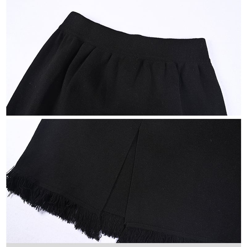 [Old Monster---Black White Reiki Series] ★Knit Skirt★ 2color Bottoms Fringe Black White White Black