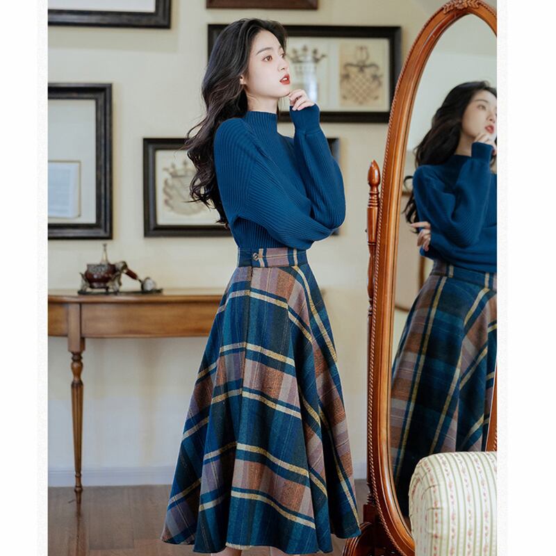 [reasure Island Series]★Setup★ 2-piece set knit tops plaid skirt retro