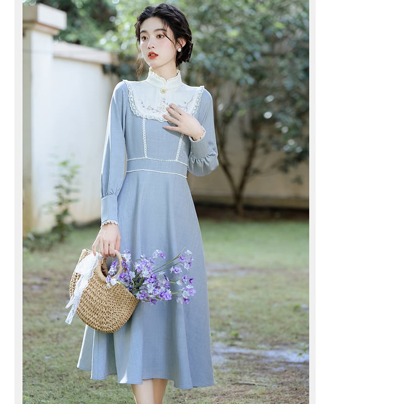 [Tatsuze Chenis Series] ★Chinese style dress★ Hanfu dress, Chinese elements, retro, switching, fake layered, blue, blue