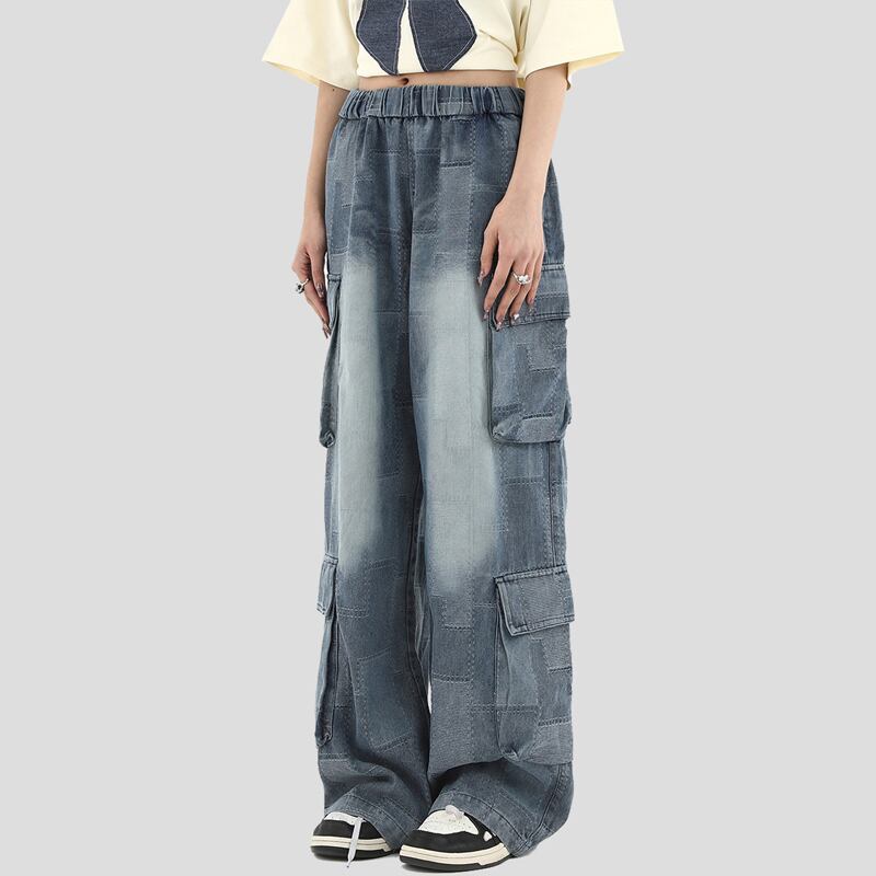 [Studios Series]★Denim Pants★ Bottoms Unisex Men's Trousers Plaid Pattern Elastic Waist Retro