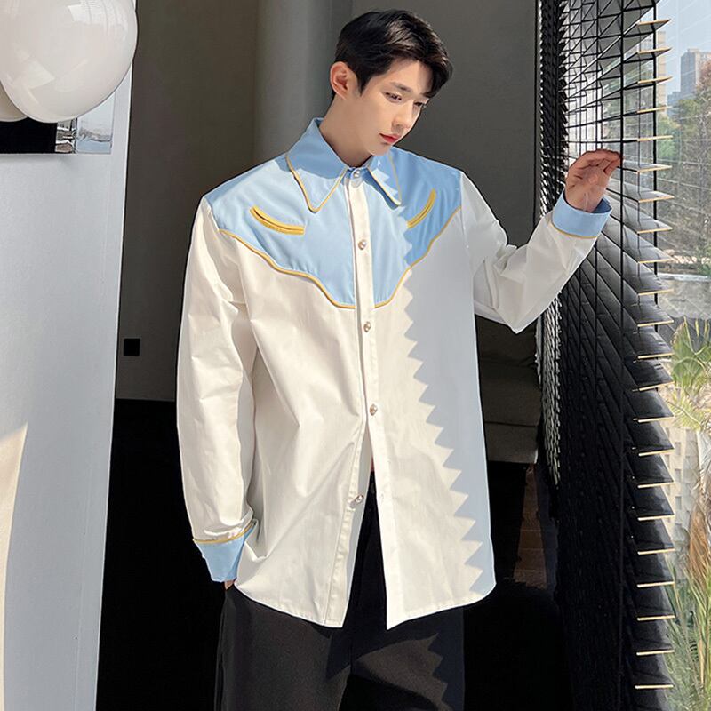 [Illustrated Series]★Shirt★Tops Unisex Men's Spring Clothes Long Sleeve Shirt Switching Casual Color Scheme Blue White