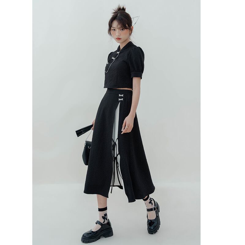 [LOVEHEYNEW Series] ★China style skirt★ Bottoms Slit Color scheme Black Black SML Slimming Easy to match