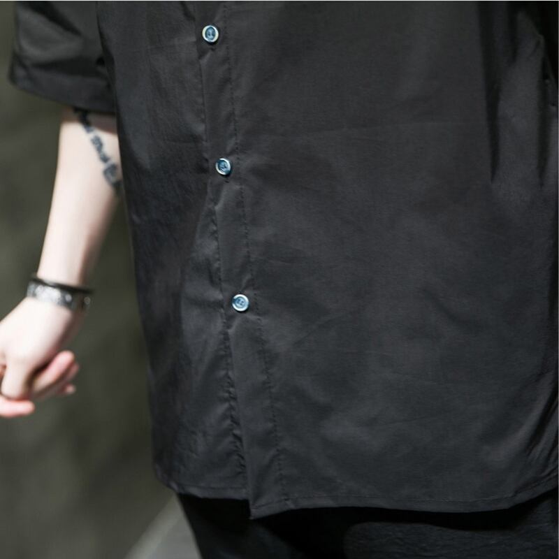 [YISHUO Series]★China style shirt★ Tops Unisex Men's Large size Letter pattern Black Black