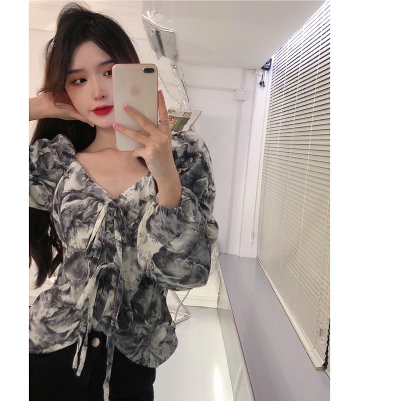 [YIPINXIAN Series]★Tops★ Floral Tops Blouse Short Length Cute Sexy V Neck