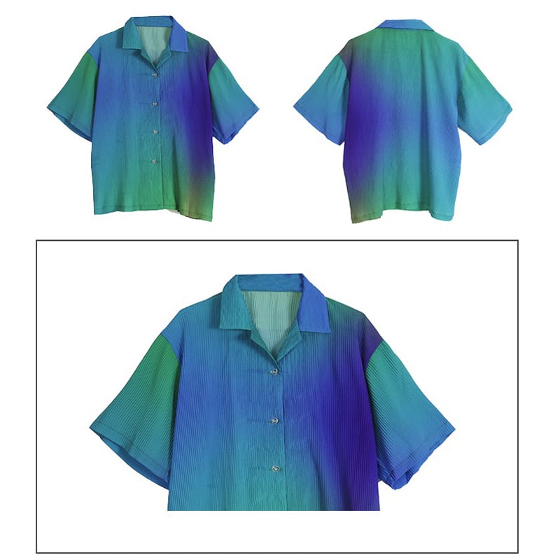 [Yangji Great Dream Series]★Shirt★ Tops Gradient Blue Blue V-neck Short Sleeve Shirt Loose